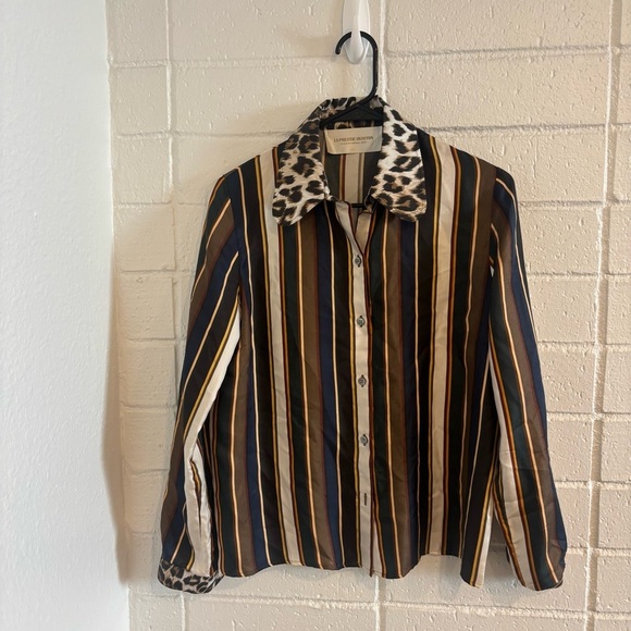 la prestic oiuston striped and leopard print silk button up top - Picture 1 of 4